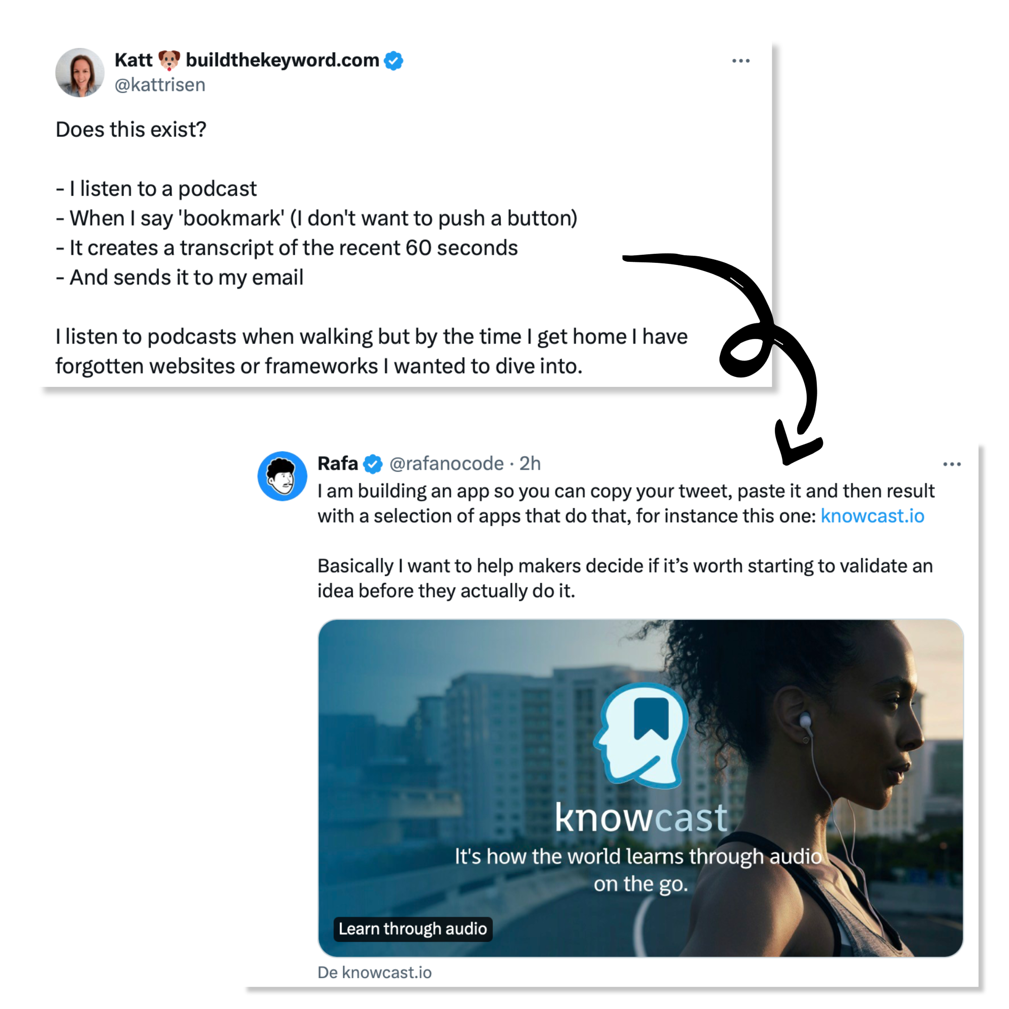 Katt's Tweet about podcast bookmarking